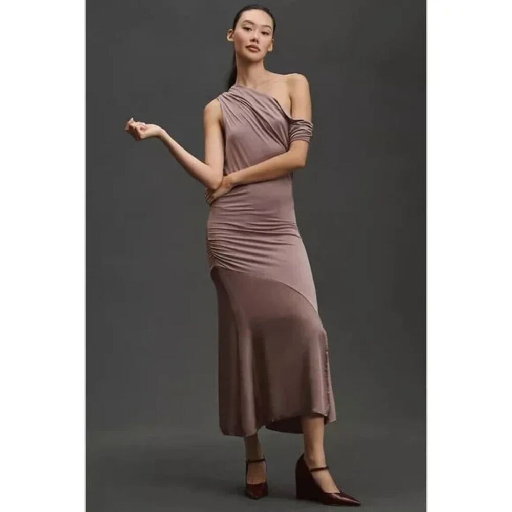 Anthropologie One Shoulder Ruched Midi Dress Purple Mauve XL NWT - Picture 10 of 10